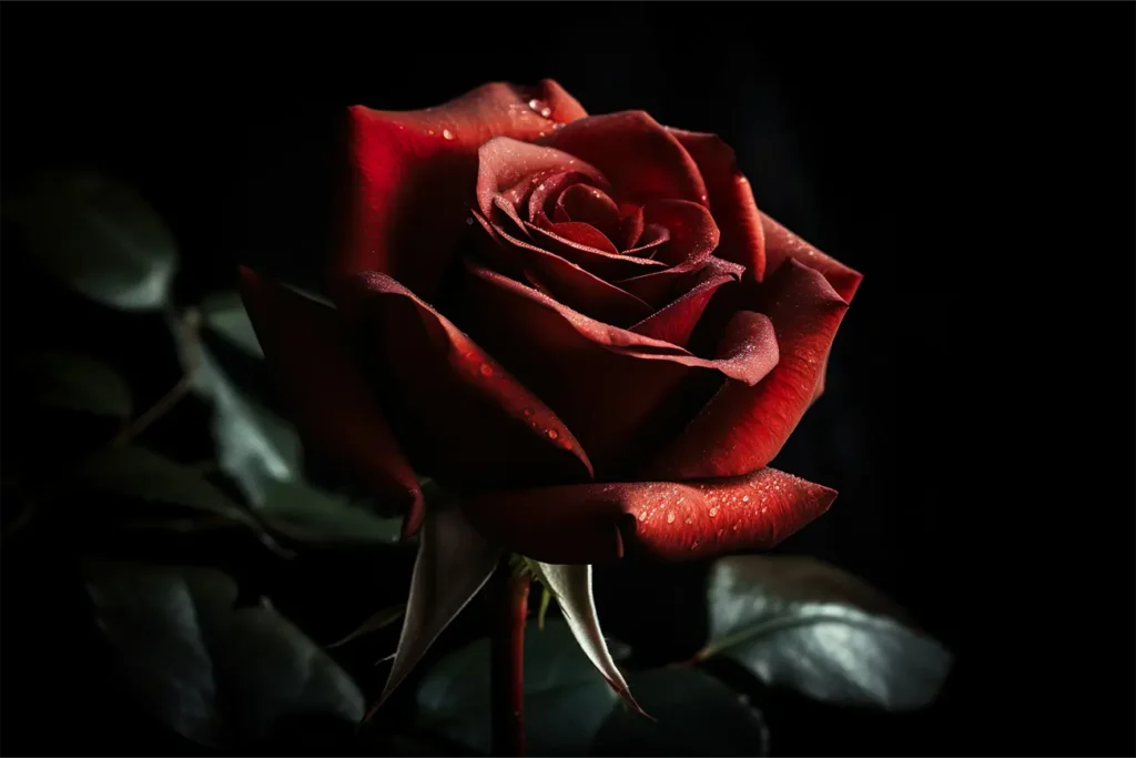 A beautiful deep red rose closeup on a black background waiting to be preserved