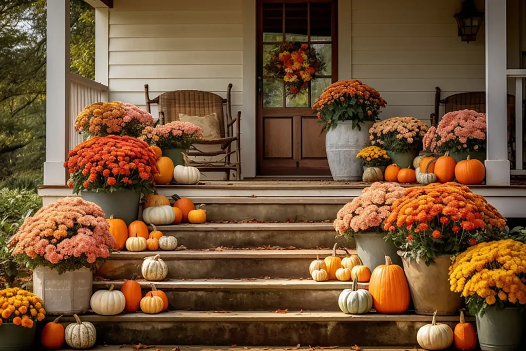 Beautiful mums and pumpkins arranged nicely on a large porch