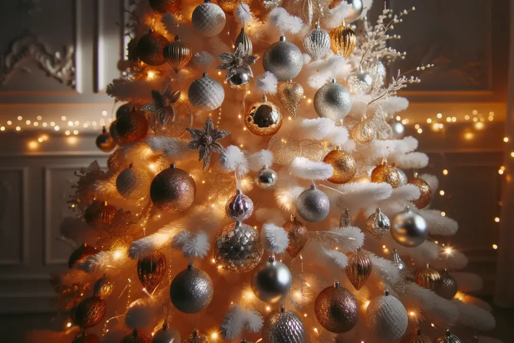 White Christmas Tree with Silver and Gold Ornaments